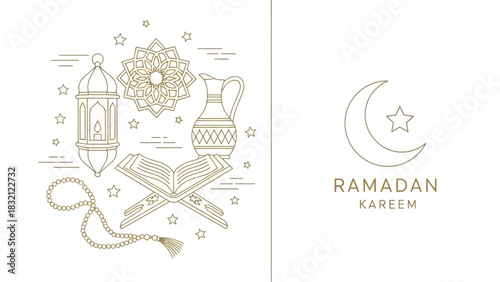 Elegant line art illustration depicting various Islamic symbols and elements for Ramadan Kareem celebration.