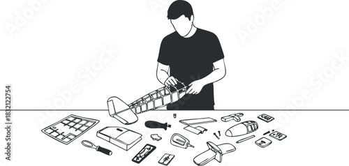 A person assembling a model airplane with various tools and parts in a minimalist black and white vector style, suitable for hobby and craft projects