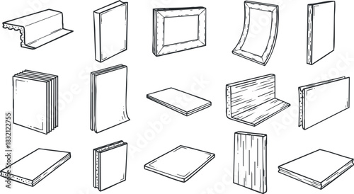 A collection of various construction materials like panels, sheets, and boards in outline vector style, suitable for architectural design projects