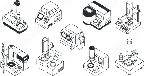A collection of laboratory instruments including microscopes and analyzers in black and white outline vector style, suitable for educational graphics and scientific publications