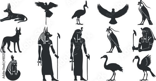 A collection of Egyptian deities and animals in black silhouette vector style, ideal for historical design and cultural projects