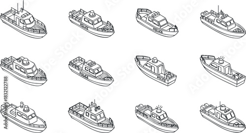 A collection of outlined boat illustrations in a minimalist vector style, suitable for marine-themed designs and projects