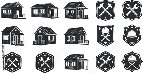 A collection of house icons and construction tools in black and white vector style, ideal for real estate and home improvement projects