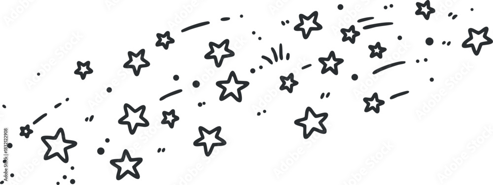 Fototapeta premium A collection of scattered stars and celestial elements in black outline vector style, perfect for whimsical designs and backgrounds