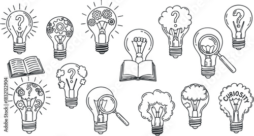 A collection of light bulbs with various symbols representing ideas, questions, and curiosity in black and white outline vector style, ideal for educational and creative projects