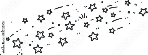 A collection of scattered stars and celestial elements in black outline vector style, perfect for whimsical designs and backgrounds