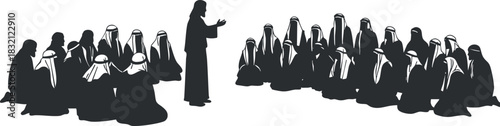 A group of people engaged in a discussion with a speaker in black and white silhouette vector style, ideal for educational or cultural themes