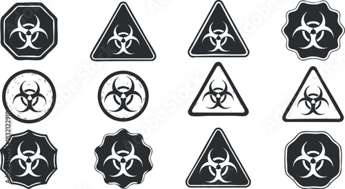 A collection of biohazard symbols in black and white vector style, suitable for safety and health-related design projects