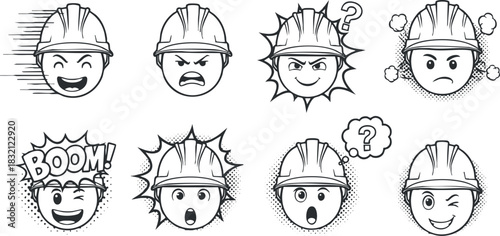 A collection of construction worker emojis with various expressions in black and white outline vector style, ideal for construction-related designs