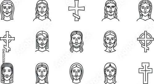 A collection of Jesus and cross icons in minimalist outline vector style, suitable for religious art and branding