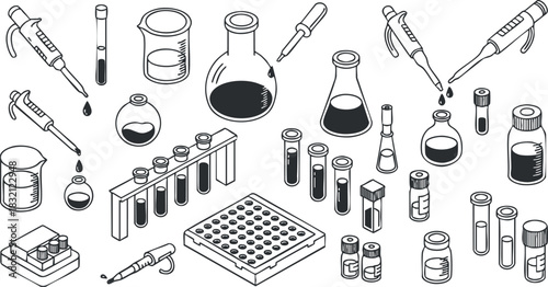 A collection of laboratory glassware and equipment including flasks, beakers, and pipettes in black and white outline vector style, suitable for educational and scientific projects