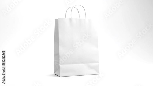Plain white paper shopping bag with string handles, on white background