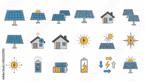 Set of vector icons for real estate property, illustrating residential house and apartment buildings with architecture symbols