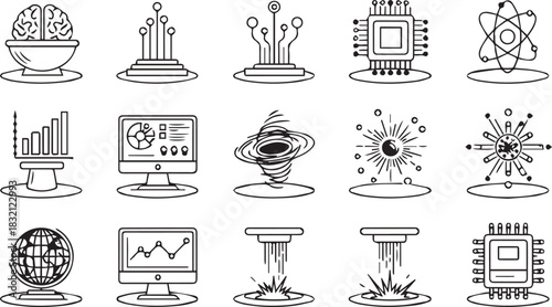 Collection of Futuristic Technology Icons Brain Circuit Atom and More.