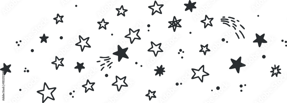 Obraz premium A collection of hand-drawn stars and celestial elements in minimalist black and white vector style, ideal for whimsical design projects