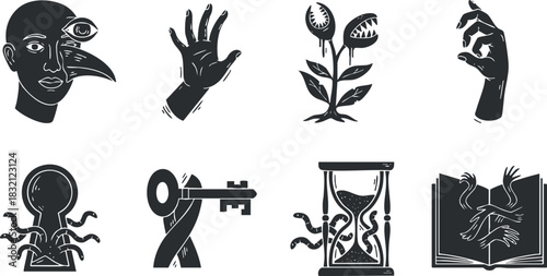 A collection of black and white vector illustrations featuring an eye, hand, plant, octopus, key, hourglass, and book, ideal for creative projects and symbolism