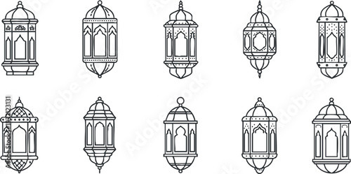 A collection of ornate decorative lanterns in intricate black and white outline vector style, ideal for cultural design projects