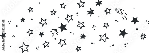 A collection of hand-drawn stars and celestial elements in minimalist black and white vector style, ideal for whimsical design projects