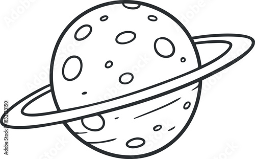 A cartoonish outline illustration of a planet with rings and craters in black and white vector style, perfect for educational materials and children's designs