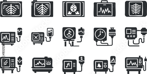 A collection of medical monitoring device icons in flat black and white vector style, suitable for healthcare design and applications