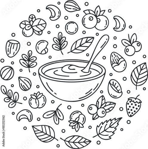 A bowl of soup with a spoon surrounded by various fruits and leaves in a black and white outline vector style, perfect for food-related designs