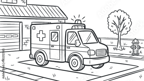 An ambulance vehicle parked outside a house in black and white line art vector style, suitable for healthcare and emergency service illustrations