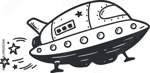 A whimsical spaceship with stars and trails in black and white outline vector style, perfect for children's illustrations and creative projects