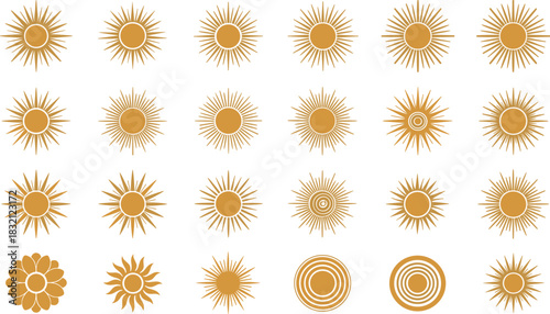Boho sun icon set, vector collection of golden sunbursts, celestial stars, mystical astrology symbols, and vintage summer design elements