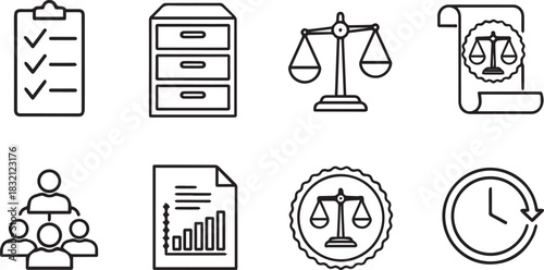 Collection of Law and Business Icons Justice Organization and Progress.
