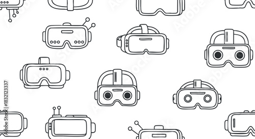 A collection of various virtual reality headsets in clean outline vector style, suitable for technology and gaming projects
