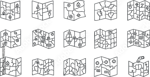 A collection of map icons featuring various symbols and signs in outline geometric vector style, ideal for navigation and travel applications