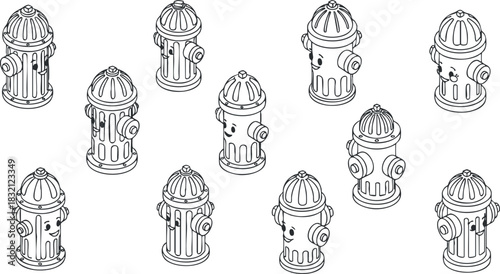 A collection of fire hydrants in outline vector style, perfect for urban design and public safety projects