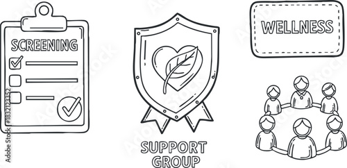 A collection of health-related icons including a screening checklist, a support group badge, and a wellness symbol in outline vector style, suitable for mental health and community support materials