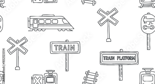 A collection of train-related icons including trains, crossing signs, and platform indicators in black and white outline vector style, perfect for transportation design projects