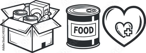 A collection of food donation icons including a box of supplies, a canned food item, and a heart symbol in outline vector style, ideal for charity and community support projects