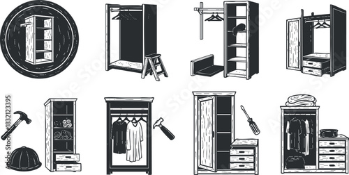 A collection of wardrobe and closet illustrations in black and white outline style, ideal for interior design projects