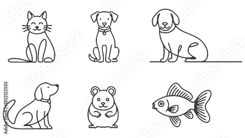 Line art illustrations of various pets including cat dogs hamster fish