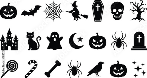 Black halloween silhouette icon set with pumpkin ghost witch bat spider and skull for spooky october holiday party decoration vector