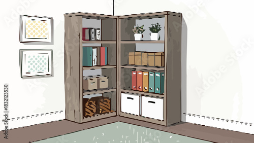 Stylish corner bookshelf with organized storage, perfect for a modern home office or living space, adding both functionality and aesthetic appeal