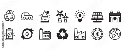 Promote eco-friendly initiatives with these modern icons of sustainable energy, recycling, and environmental responsibility in a vector set