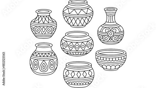 Seven outlined pots and vases with various patterns in black and white