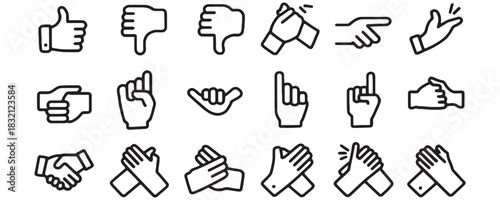 Diverse hand gesture icons showcasing agreement, disagreement, celebration, and interaction conveying communication and expression in simple style