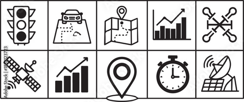 Collection of transportation and technology related icons.