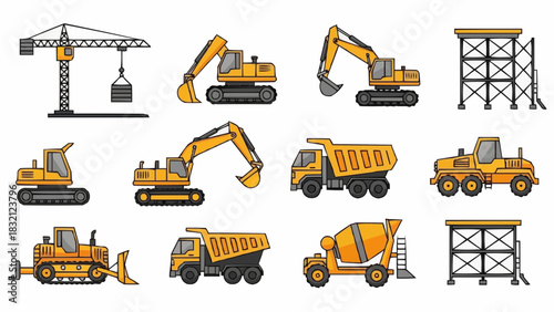 Set of heavy yellow construction equipment, including truck, excavator, and bulldozer, isolated on white background as vector machinery