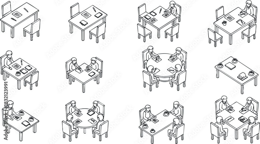Fototapeta premium A collection of outline vector illustrations depicting various office meeting scenarios with tables and people engaged in discussions, ideal for business and teamwork themes