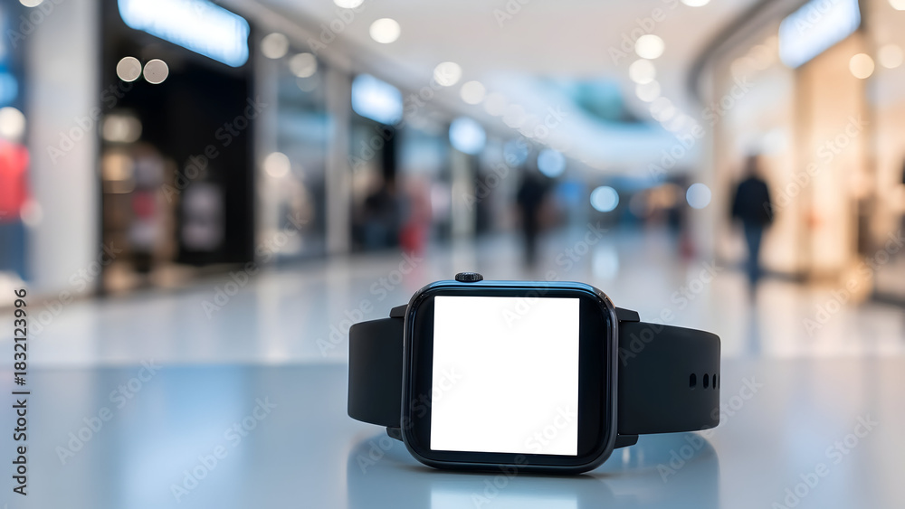 Obraz premium Smartwatch with blank screen displayed in a modern shopping mall setting