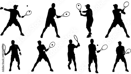 Tennis player silhouettes in various poses ready to serve and strike