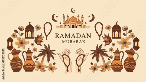 A decorative Ramadan Mubarak greeting card with mosque, prayer beads, and floral elements in warm earthy tones.