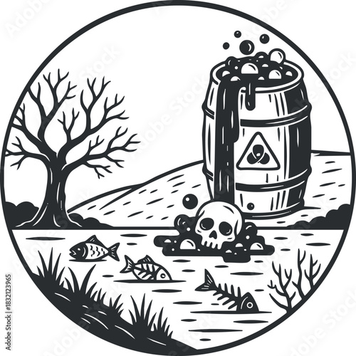 A toxic waste barrel leaking chemicals into a river with dead fish and a skull in black and white vintage vector style, suitable for environmental awareness campaigns