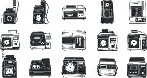 A collection of various kitchen appliances and cameras in black and white outline vector style, ideal for design projects and branding